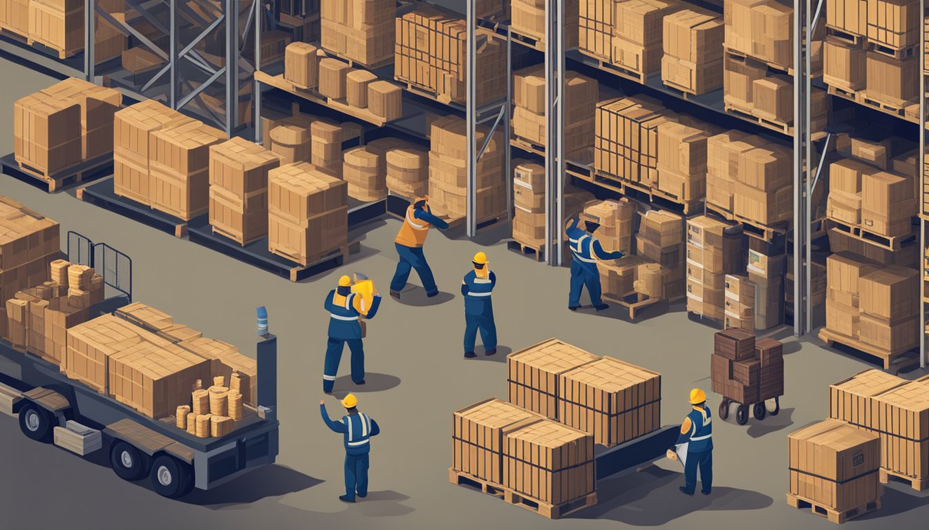 A warehouse filled with crates and barrels of alcohol, with workers loading and unloading trucks. Signs displaying alcohol laws and regulations