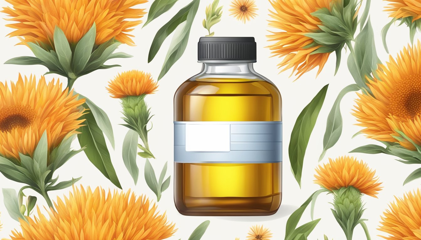 A bottle of safflower oil surrounded by fresh safflower flowers and a blood sugar monitor