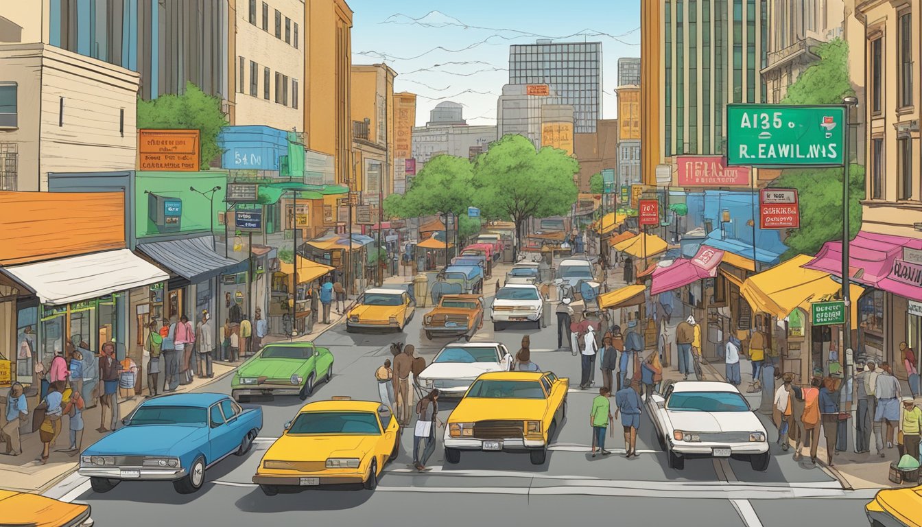 A bustling city street in Travis County, Texas, with various signage indicating different alcohol laws and regulations for different neighborhoods