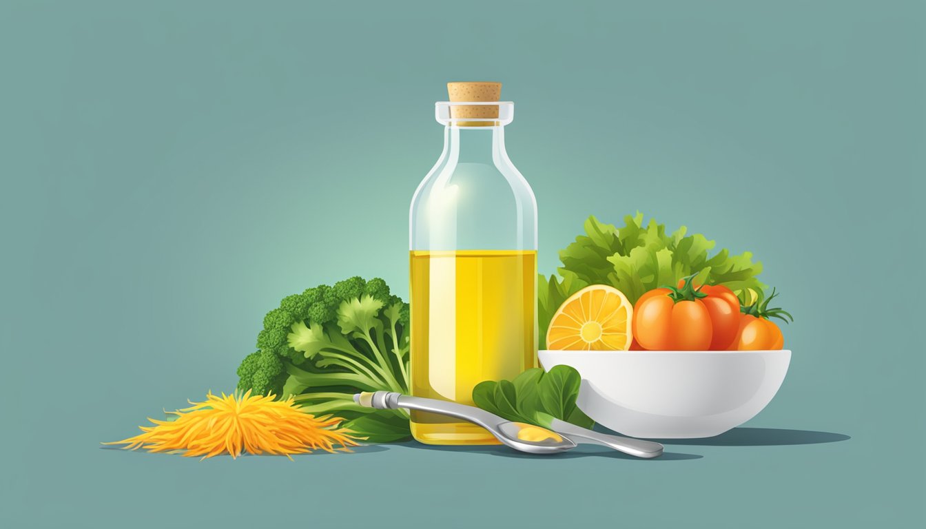 A bottle of safflower oil surrounded by fresh vegetables and a measuring spoon, highlighting its use in weight management and healthy cooking