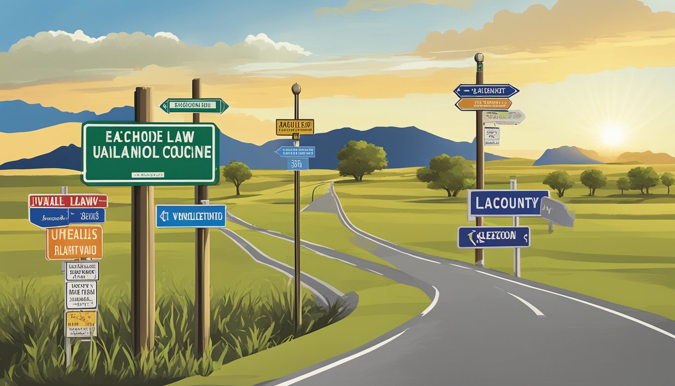 A signpost at the county line shows different alcohol laws for Uvalde County, Texas, and its neighboring counties