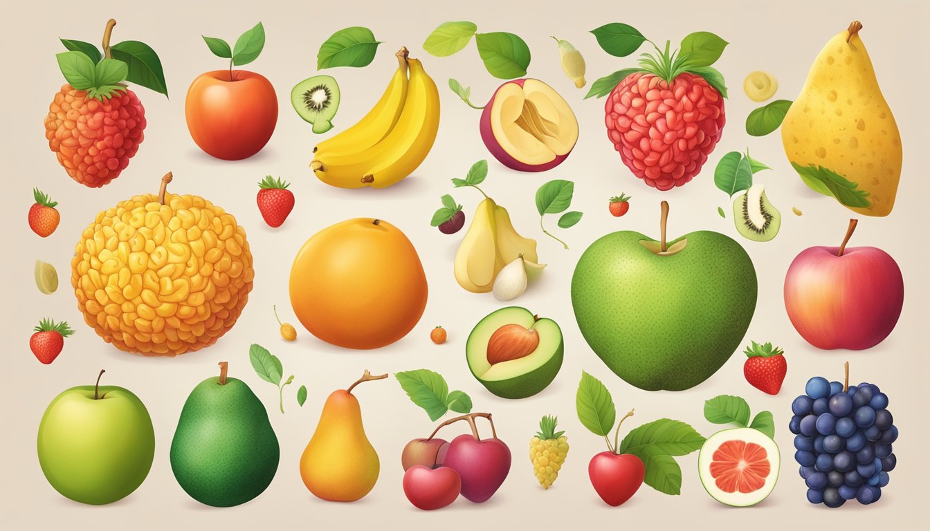 A colorful illustration of sorb fruit surrounded by images of healthy body systems, such as a heart, brain, and digestive system