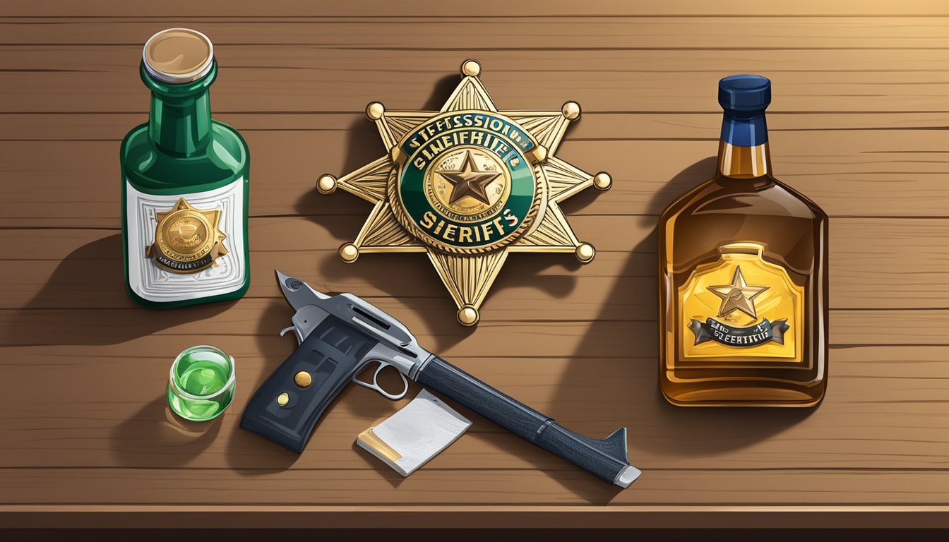 A sheriff's badge and a bottle of alcohol on a table