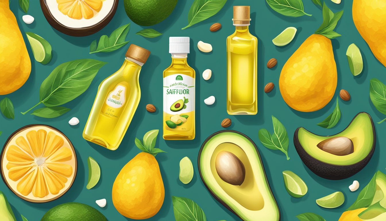 A bottle of safflower oil stands next to other healthy oils, surrounded by vibrant, fresh ingredients such as avocados, nuts, and fish