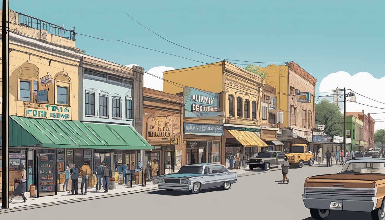 A bustling street lined with bars and liquor stores, with signs advertising support and resources for alcohol-related businesses in Travis County, Texas