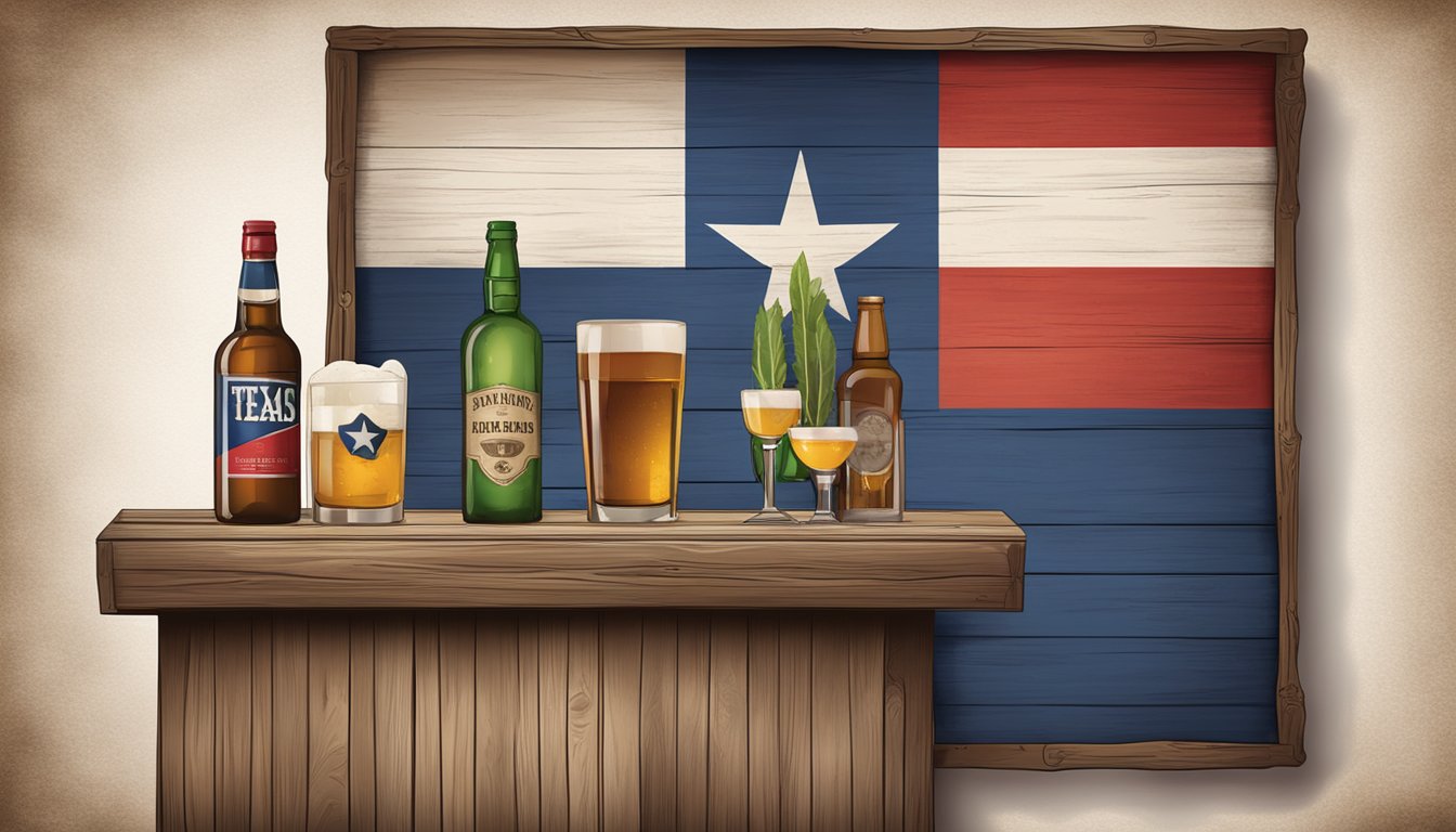 A rustic bar sign with Texas flag and alcohol regulations displayed