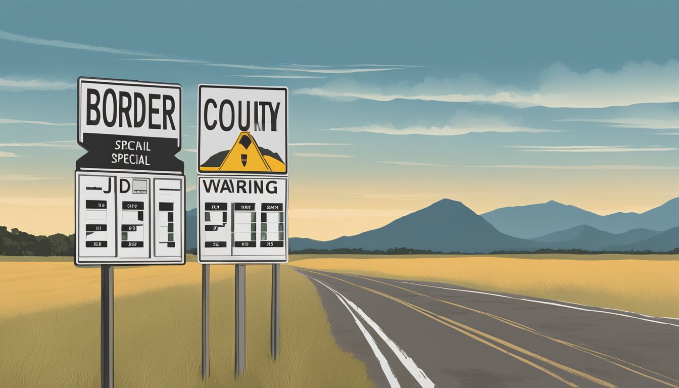 A dusty road sign marking the border of Trinity County, Texas, with a "Dry County" warning and a calendar marking special dates