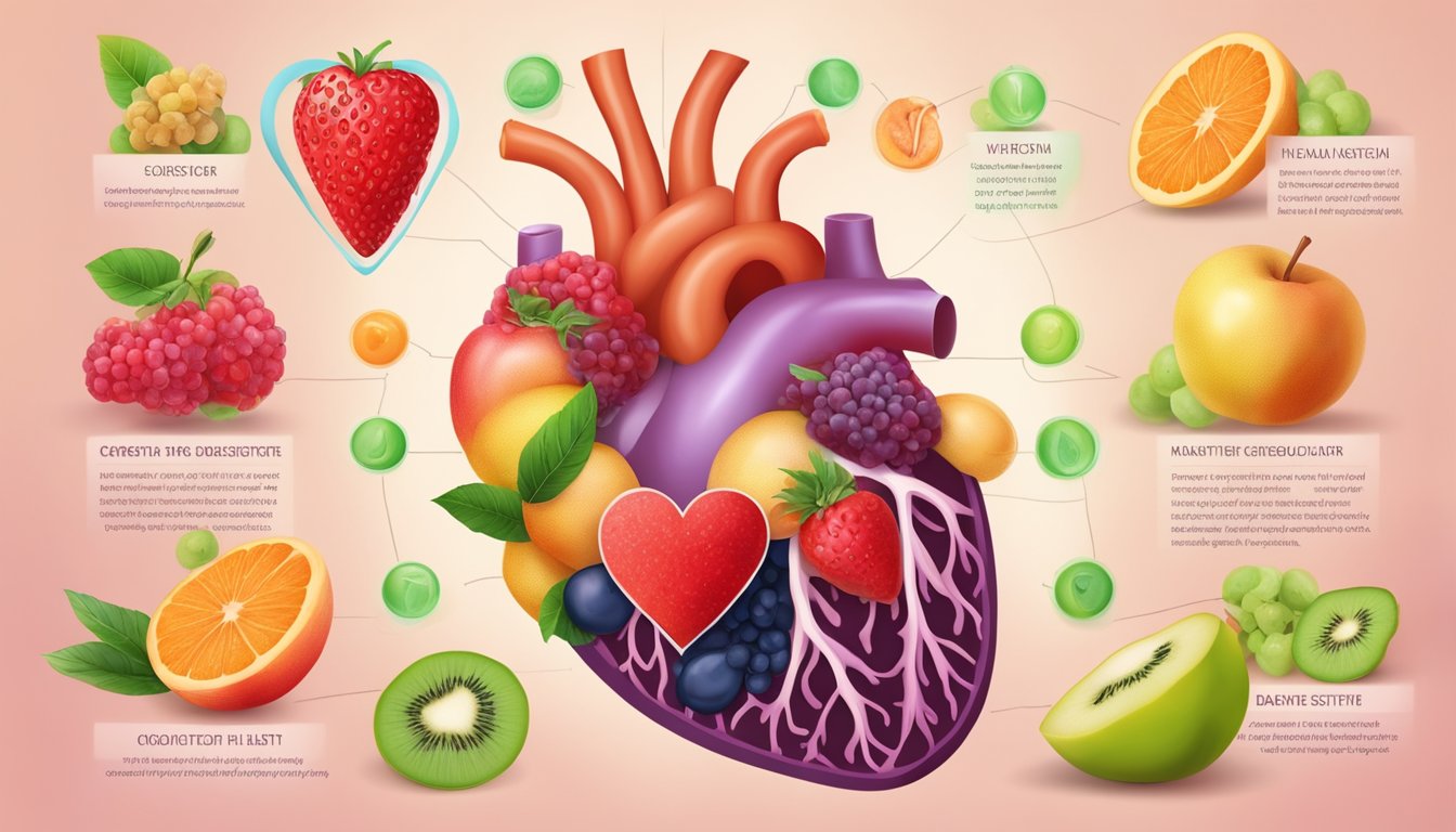 A vibrant sorb fruit surrounded by a heart and a digestive system, symbolizing the cardiovascular and digestive health benefits