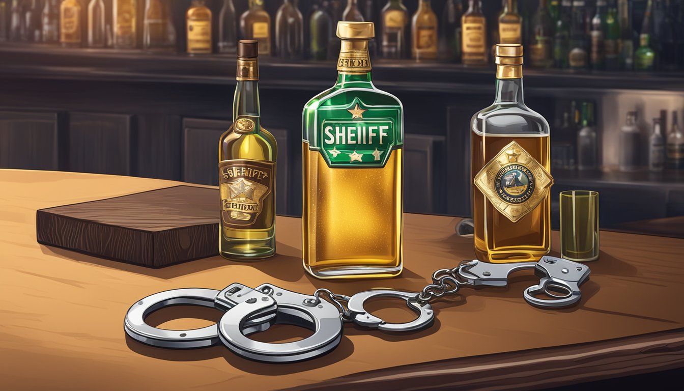 A sheriff's badge and handcuffs next to a bottle of alcohol on a bar counter