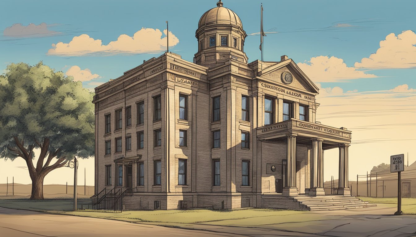 A rustic courthouse with a sign displaying "Throckmorton County Texas Alcohol and Drinking Laws" in the foreground