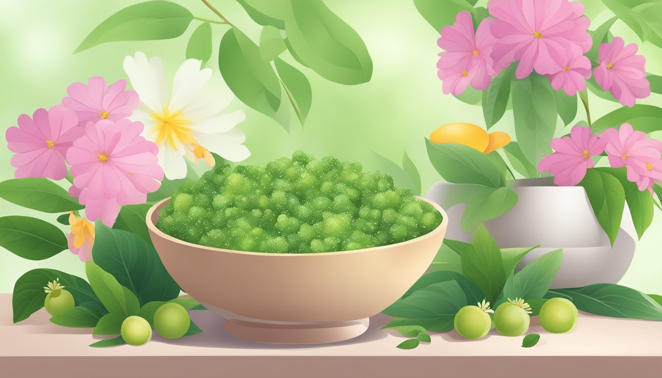 A bowl of fresh sorb fruit surrounded by vibrant green leaves and flowers, showcasing its natural health benefits