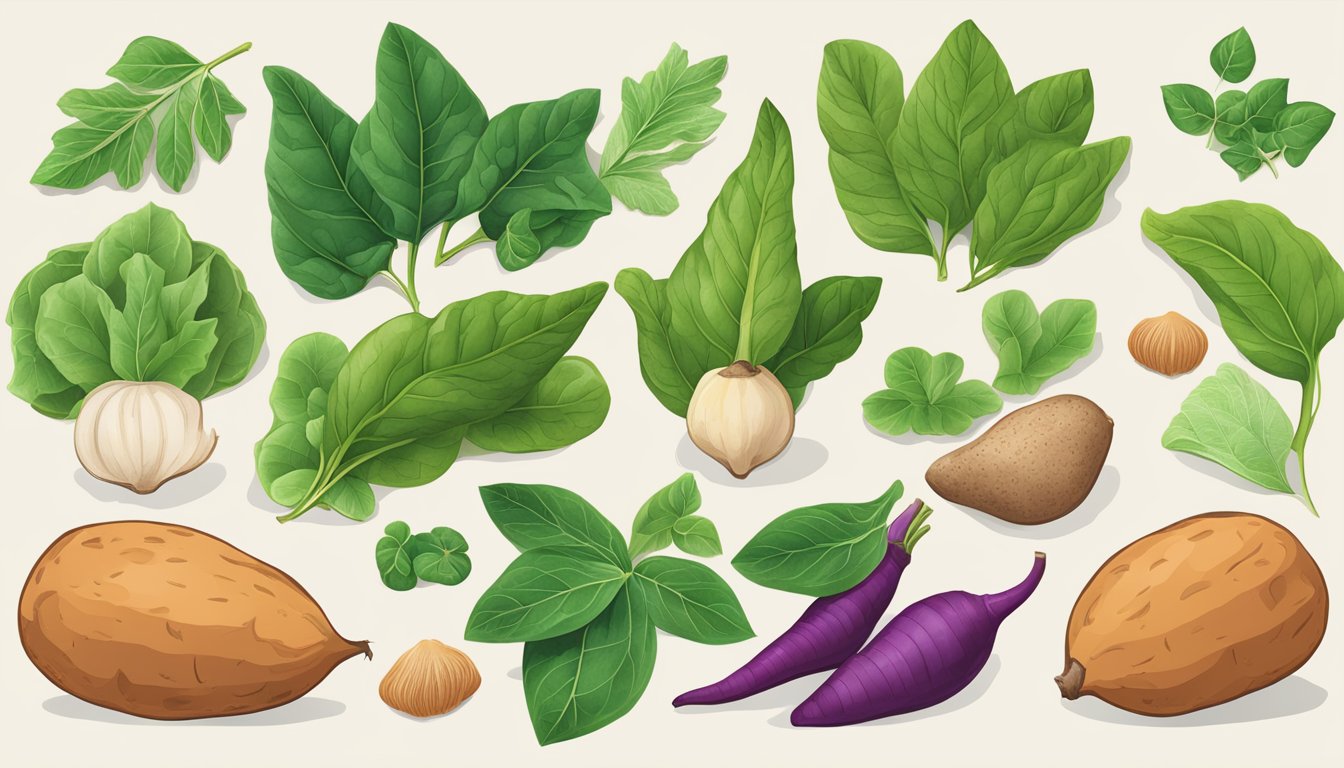 A vibrant illustration of sweet potato leaves arranged with various culinary ingredients, showcasing their versatile uses and health benefits