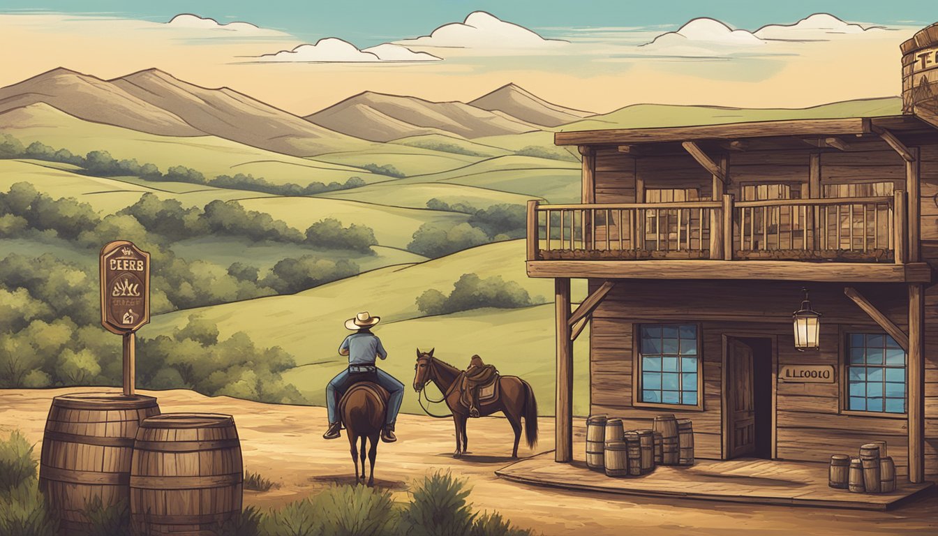 A rustic bar with "Texas Alcohol Laws" sign, surrounded by rolling hills and a lone cowboy on horseback