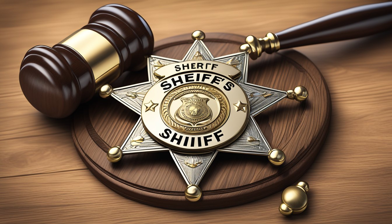 A sheriff's badge on a wooden desk, with a gavel and law books