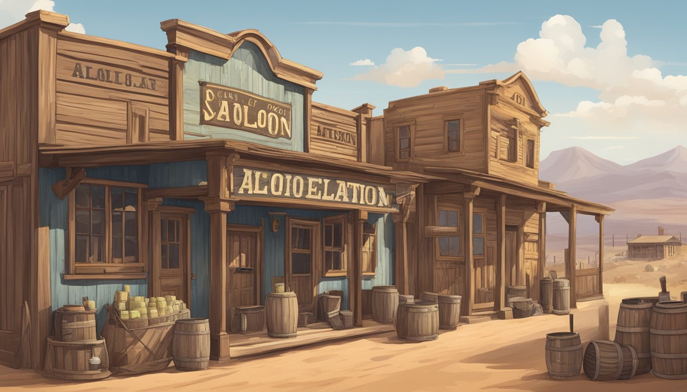 A dusty western town with a saloon and a sign displaying local alcohol regulations