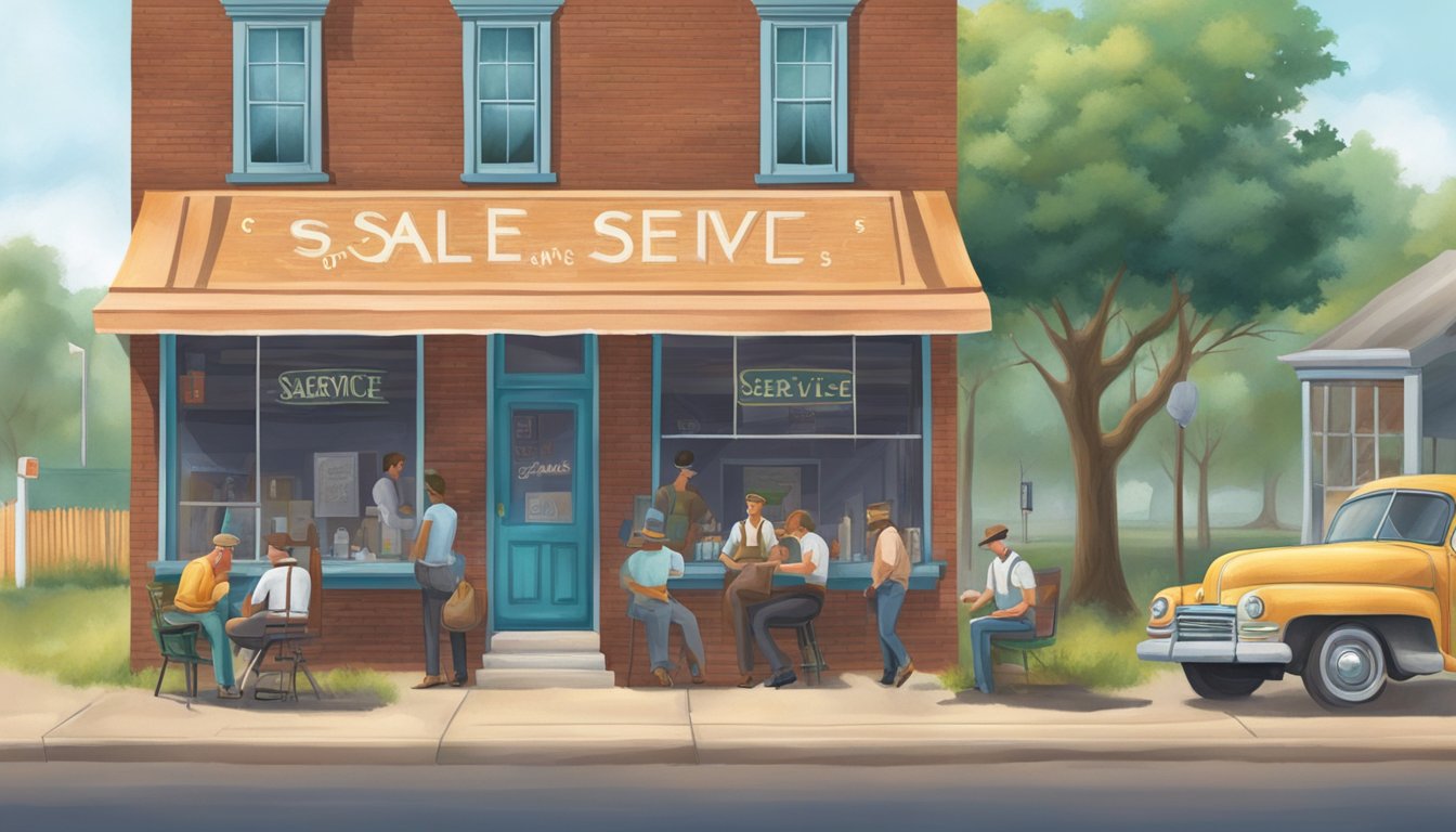 A small town barbershop with a sign advertising "Sales and Service" in Tyler County, Texas. Visible through the window, a group of people enjoying drinks