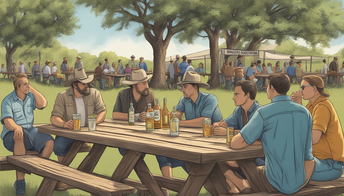 A group of people sitting at a picnic table with a sign displaying "Throckmorton County Texas Alcohol and Drinking Laws" in the background