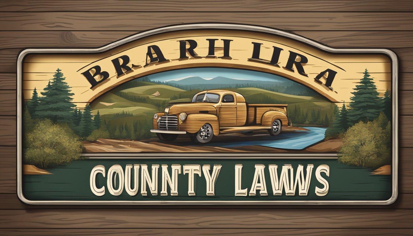 A rustic bar sign with county name and alcohol laws displayed