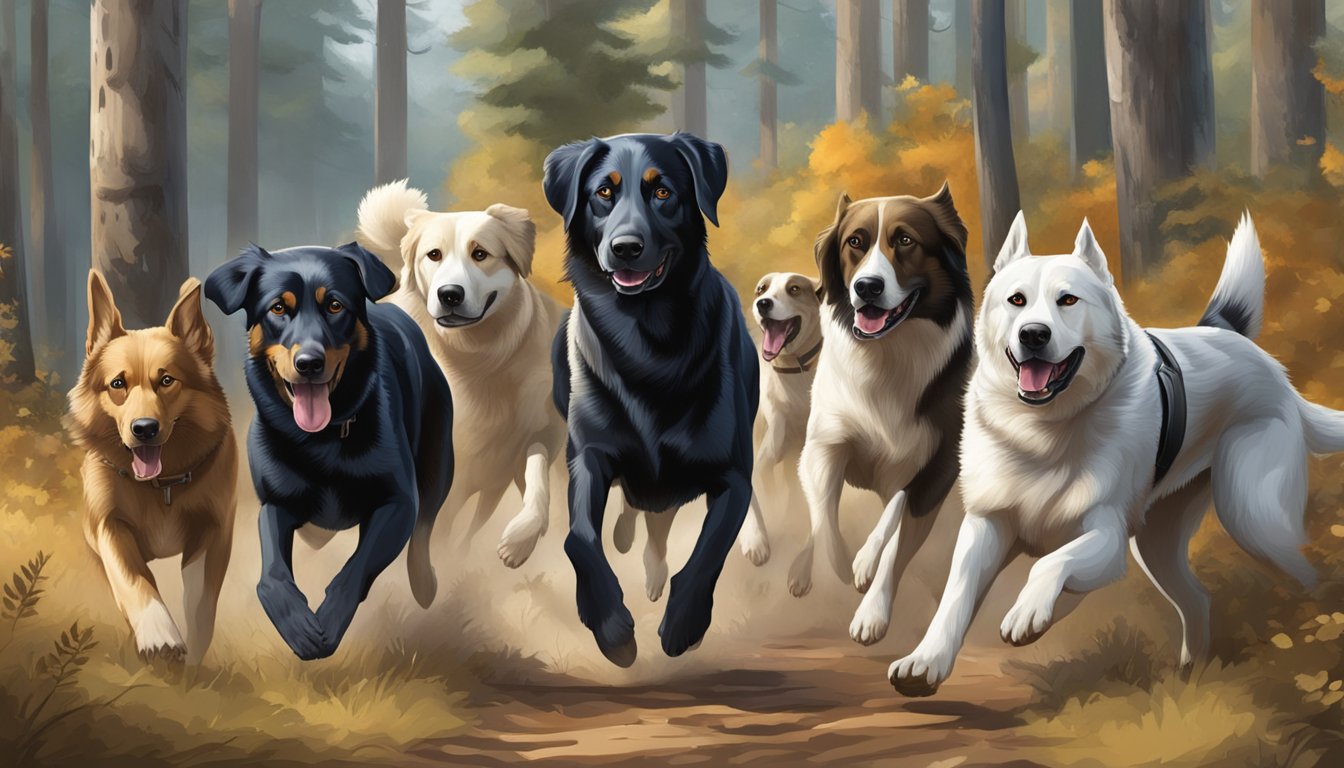 A pack of various hunting dog breeds in action, showcasing their speed, agility, and keen sense of smell as they track and pursue their prey through the forest