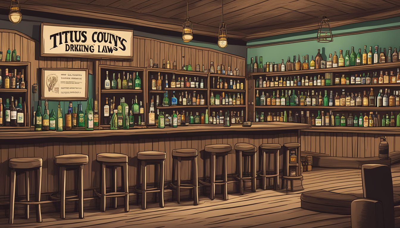 A bar with various bottles of alcohol and a sign displaying "Titus County Texas Alcohol and Drinking Laws."