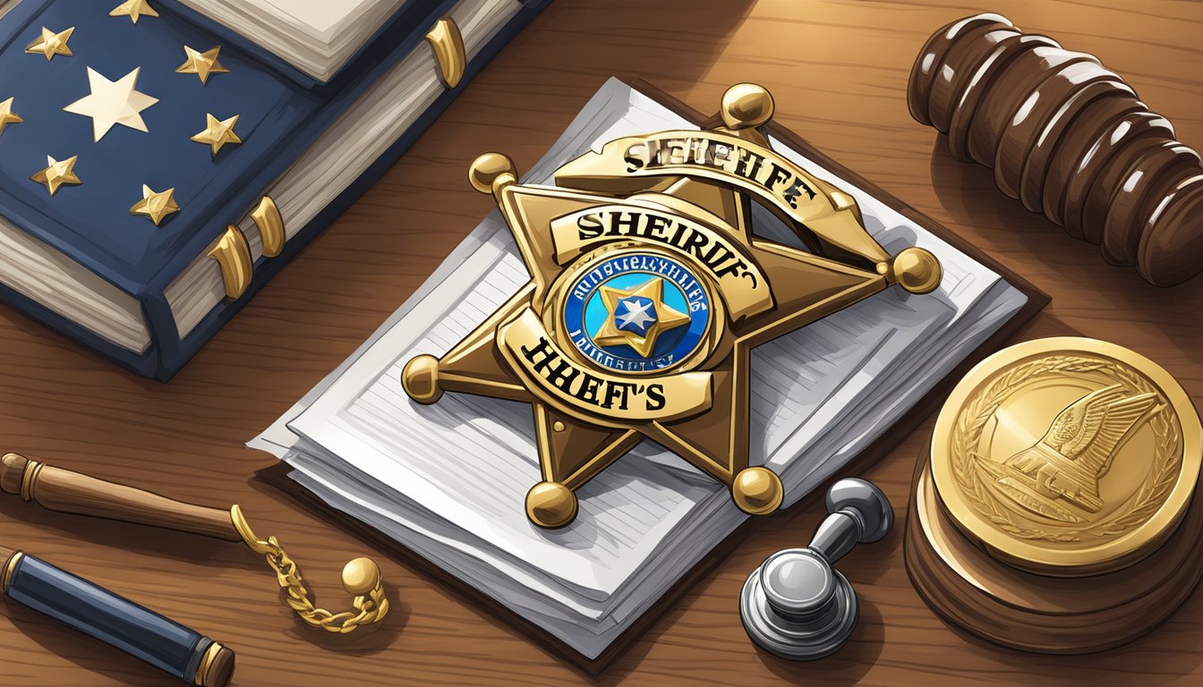 A sheriff's badge on a wooden desk, surrounded by legal documents and a gavel