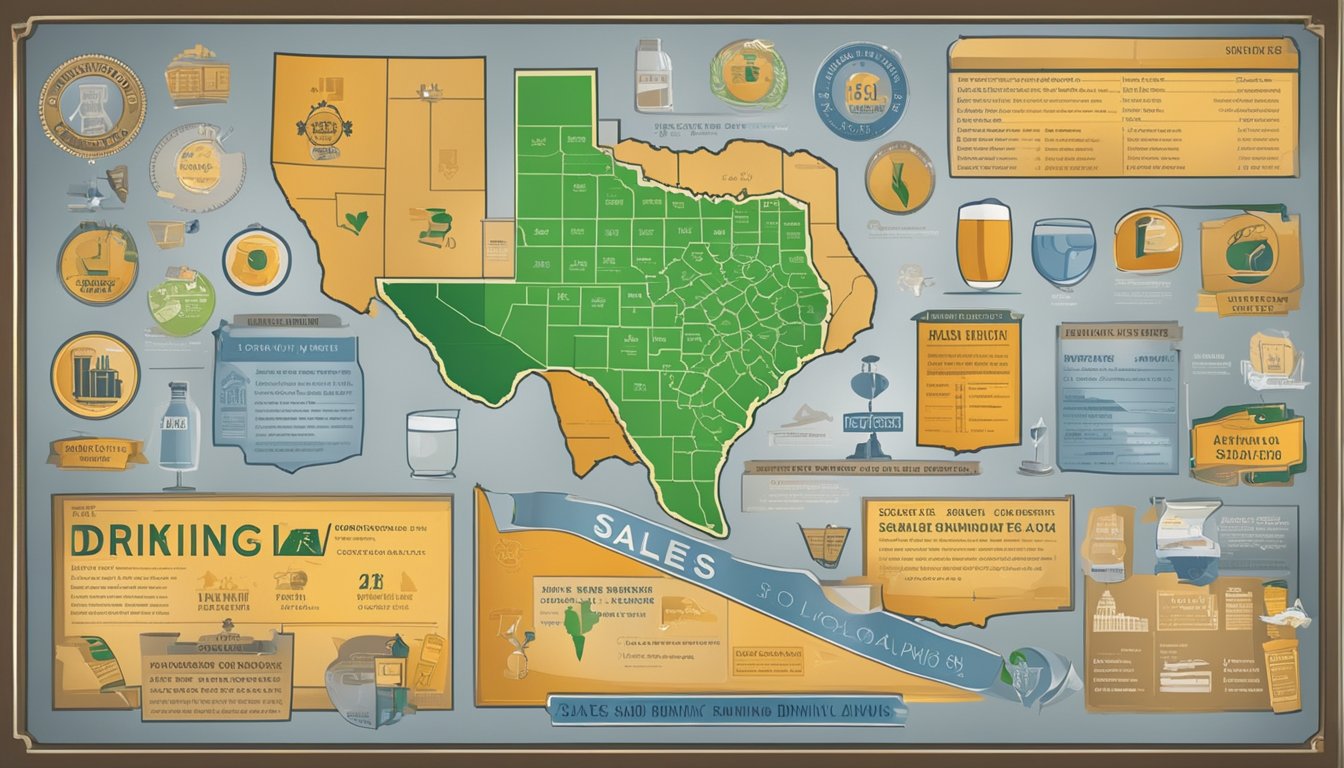 A sign displaying "Sales and Service Regulations Titus County Texas Alcohol and Drinking Laws" with a Texas map and relevant symbols