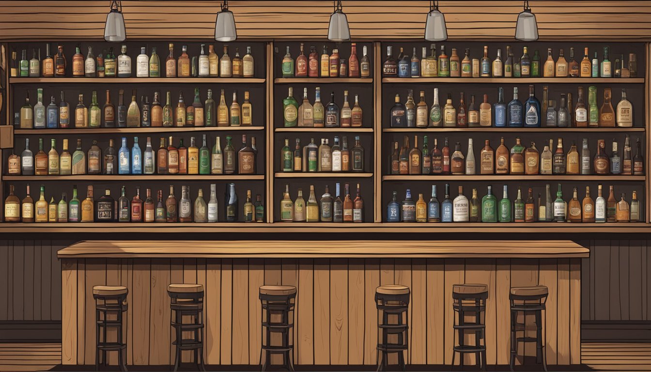 A rustic bar with bottles of alcohol on shelves, surrounded by signage displaying Texas Alcoholic Beverage Code regulations