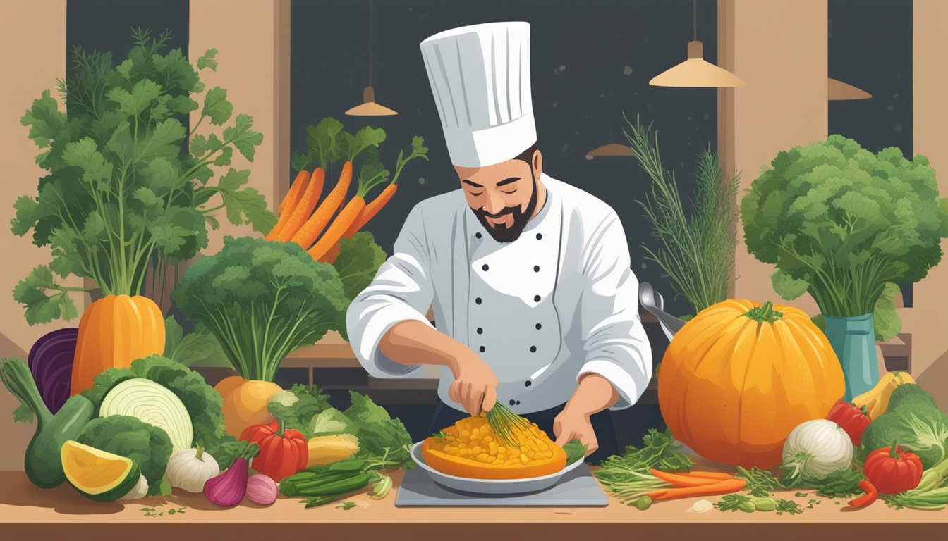 A chef slicing and sautéing sputnik squash, surrounded by colorful vegetables and herbs, highlighting its versatility and health benefits