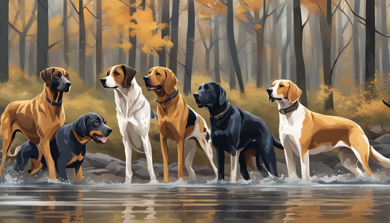 A group of diverse hunting dog breeds in action, showcasing their unique physical features and hunting abilities