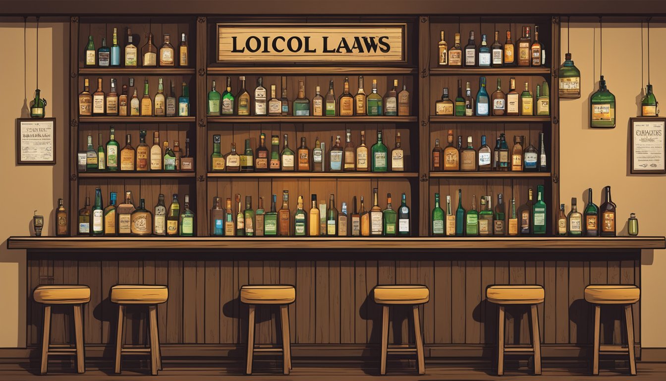 A rustic bar with shelves of liquor, framed alcohol licenses, and a sign displaying county alcohol laws