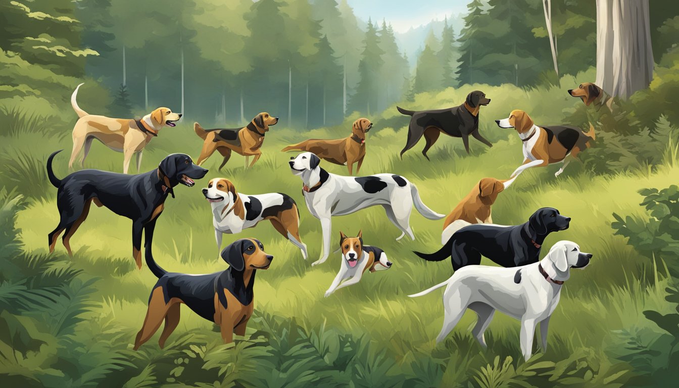 A pack of various hunting dog breeds roam through a lush, wooded area, their keen senses alert and noses to the ground