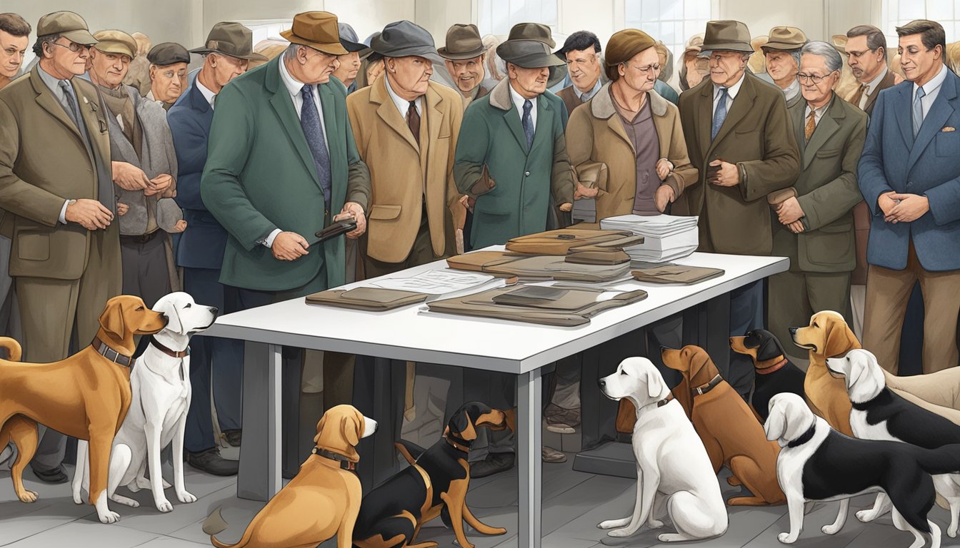 A group of hunting dog breeds gathered around a registration table, while a judge inspects them according to breed standards