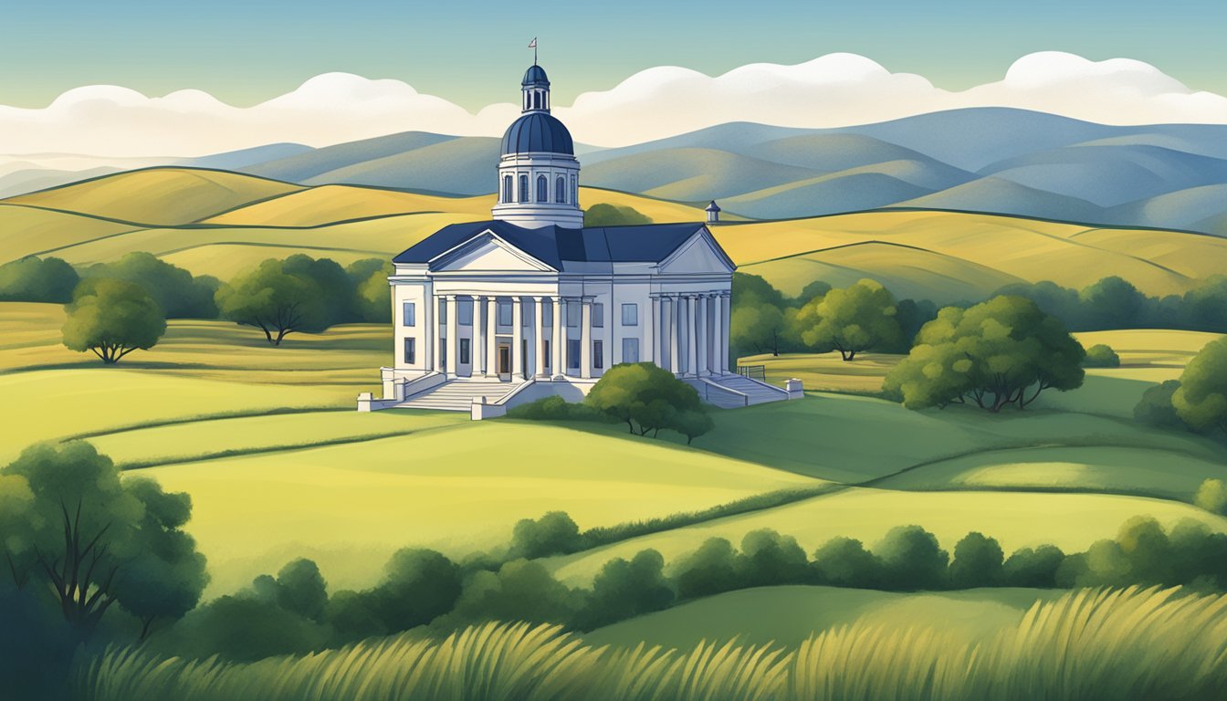 A serene Texas landscape with a courthouse and rolling hills, symbolizing Tom Green County's alcohol and drinking laws