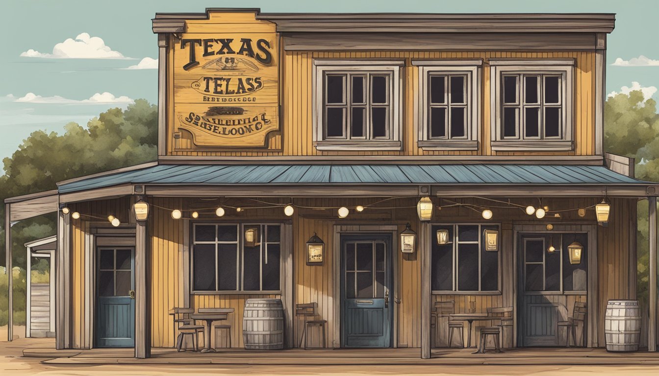 A rustic saloon in Tom Green County, Texas, with a sign displaying the Texas Alcoholic Beverage Code