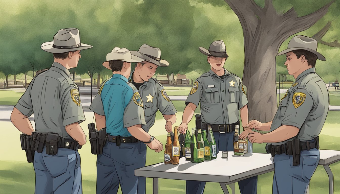 A sheriff's deputy confiscating alcohol from a group of underage individuals at a local park