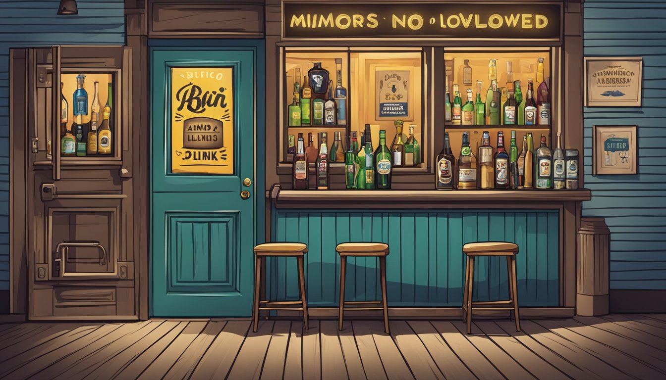 A bar with a "No Minors Allowed" sign on the door, and a "Drink Responsibly" poster inside