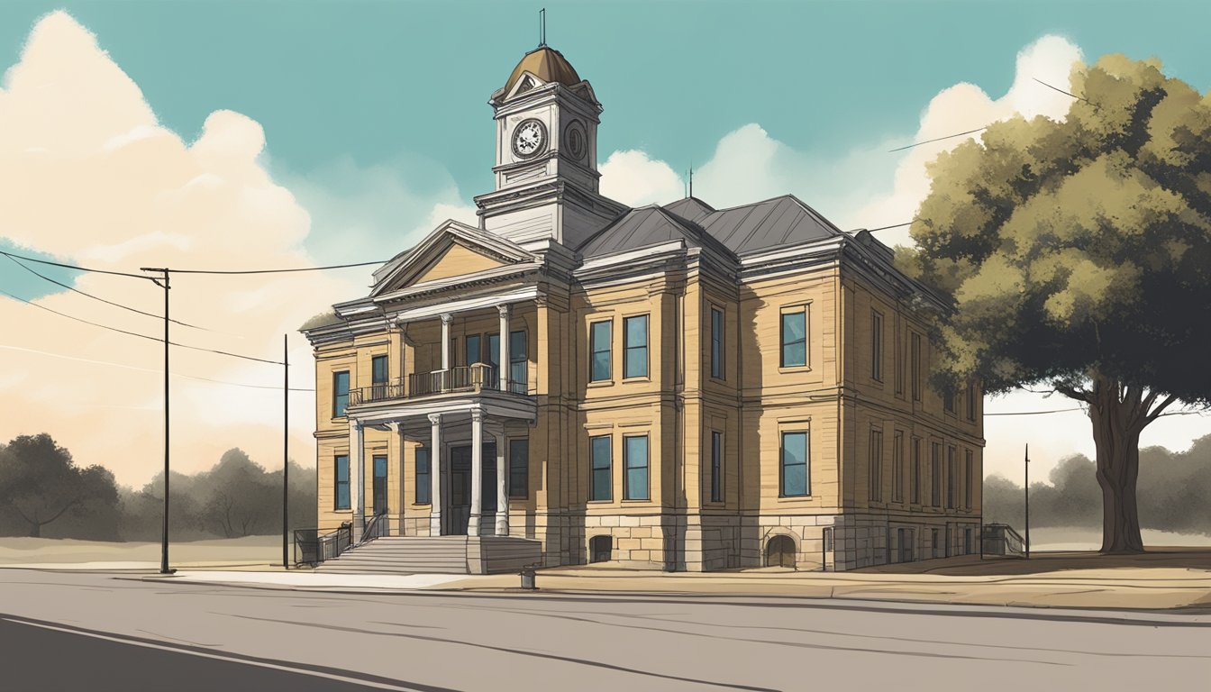 A rustic Texas county courthouse with a sign displaying "Tom Green County Alcohol Regulations" prominently in the foreground