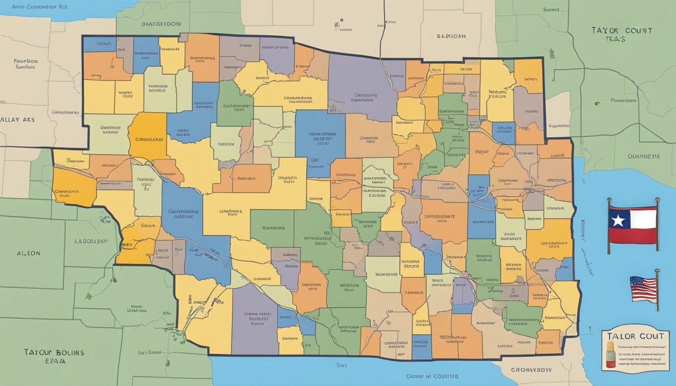 A map of Taylor County, Texas surrounded by neighboring counties with varying alcohol laws