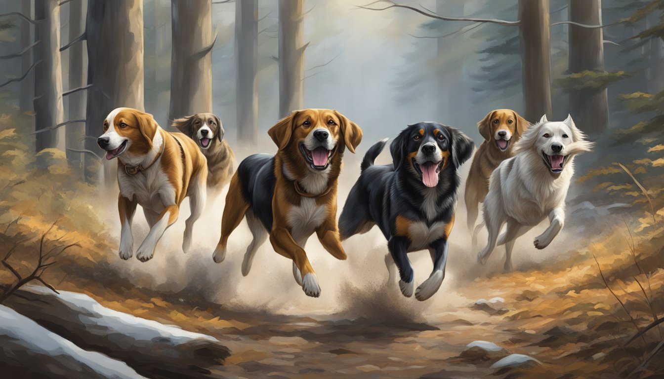 Several hunting dogs running through a forest, noses to the ground, tails wagging eagerly as they track their prey