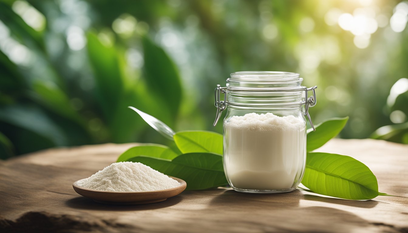 The vintage glass jar holds pure white arrowroot powder, set against a tropical backdrop with fresh leaves and roots, illuminated by soft sunlight