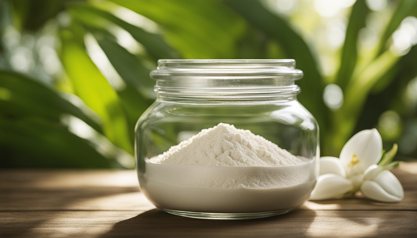 The vintage glass jar holds pure white arrowroot powder, set against a tropical backdrop with fresh leaves and roots, bathed in soft sunlight