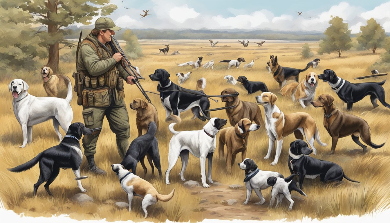 A hunter surrounded by various breeds of hunting dogs, each displaying different skills and characteristics, as they assess their needs