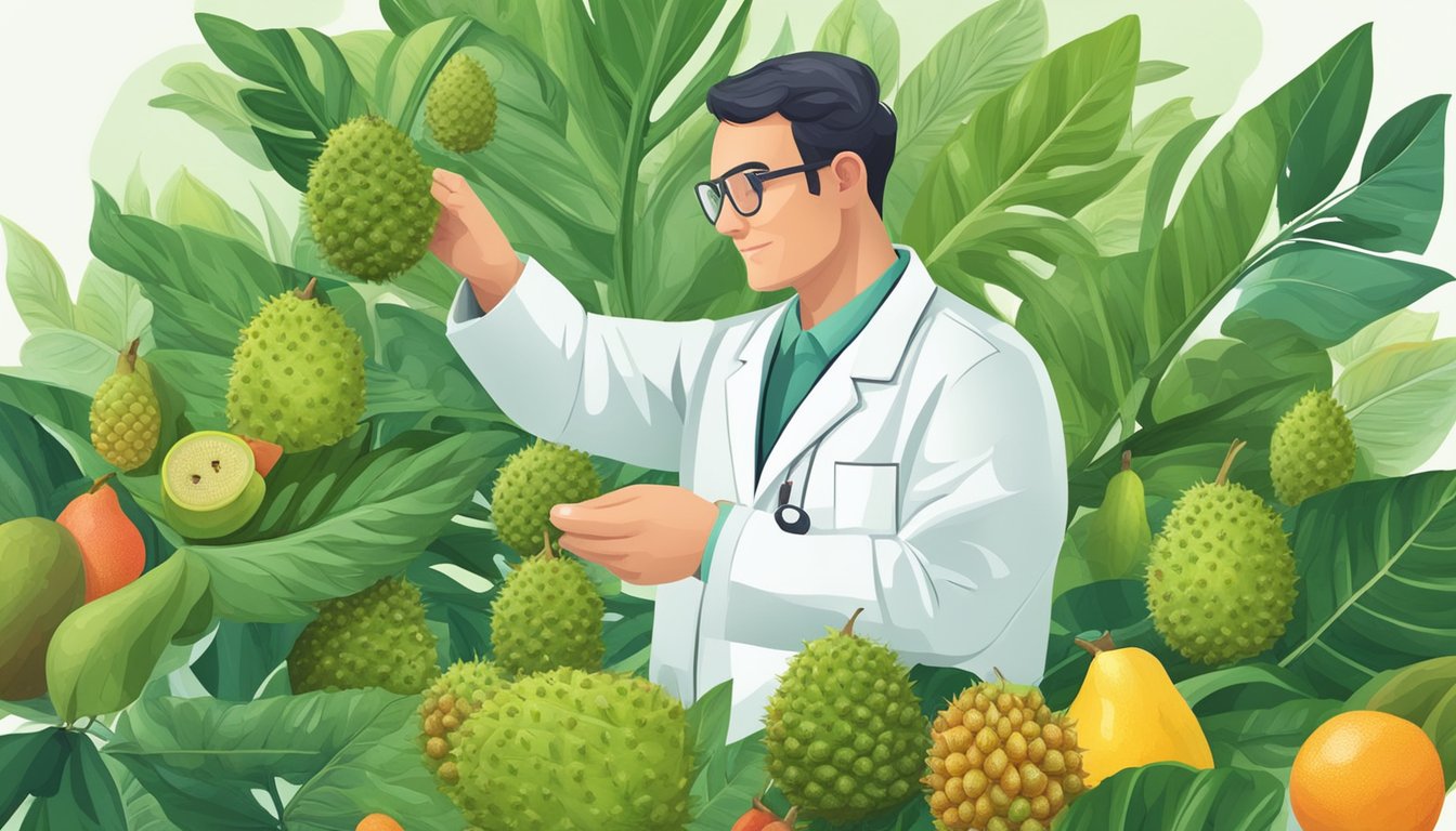 A soursop tree with lush green leaves, surrounded by a variety of colorful fruits. A scientist in a lab coat examines a vial of soursop leaf extract