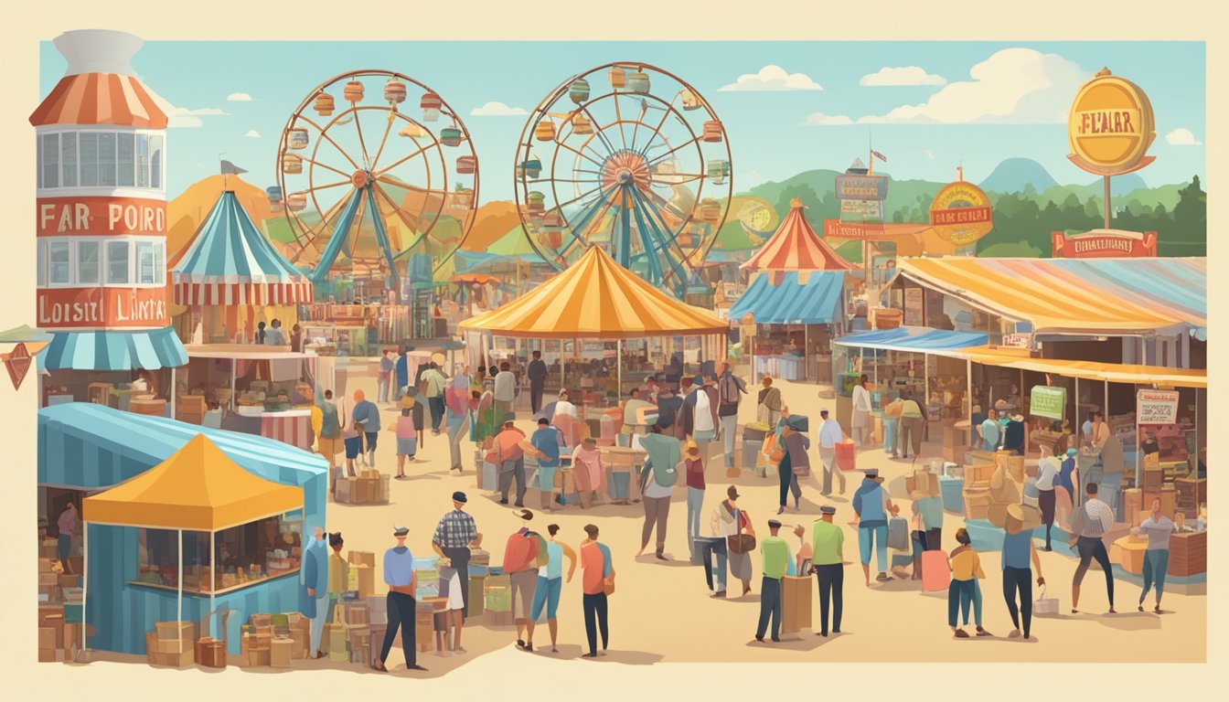 A bustling county fair with vendors selling alcohol and signage displaying local drinking laws