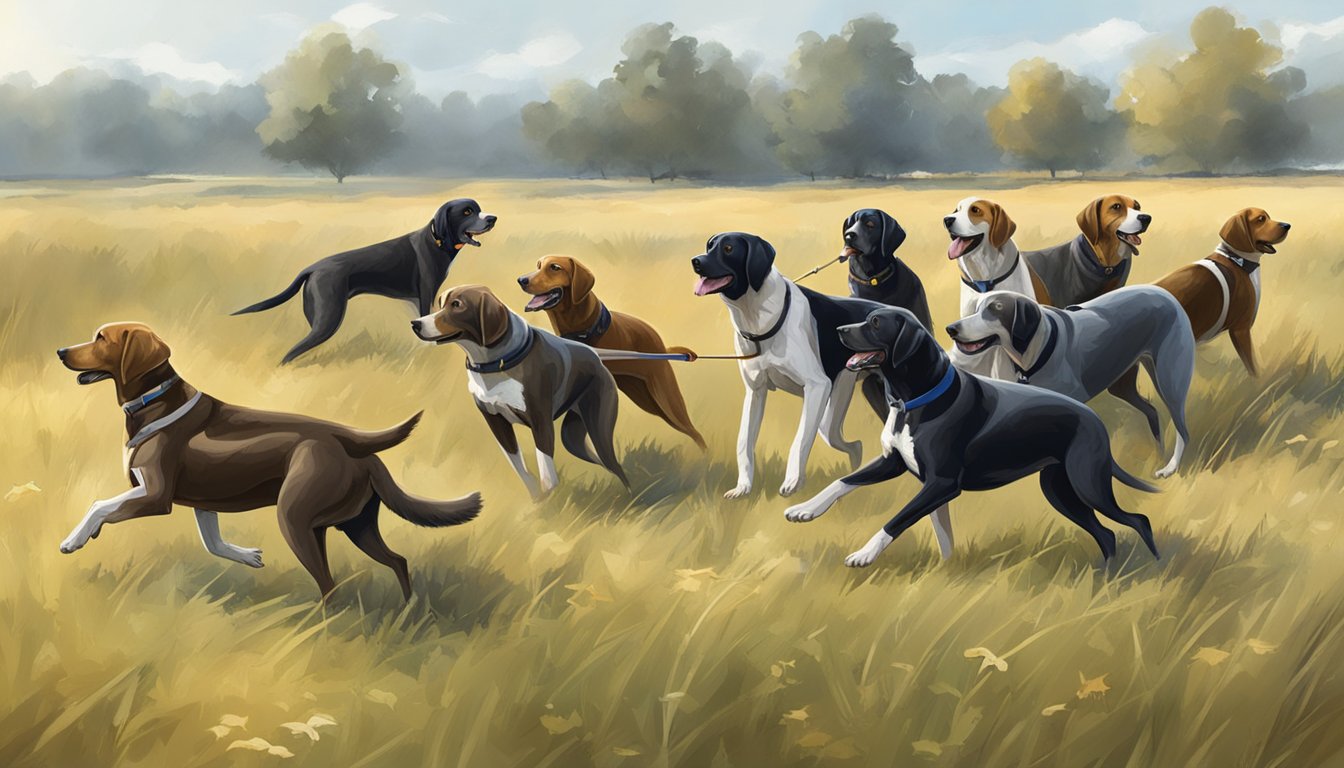 A group of hunting dogs are being trained in an open field, following commands and retrieving objects