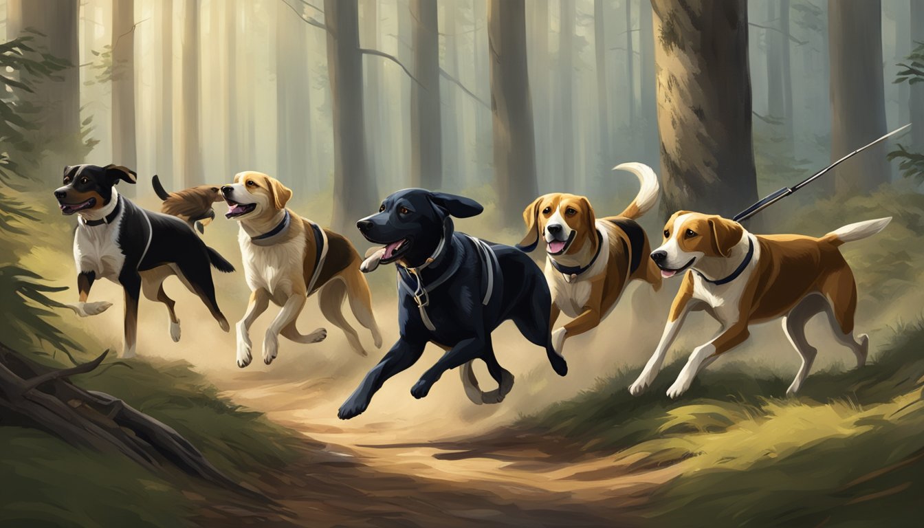 A group of hunting dogs running through a forest, with one dog retrieving a bird