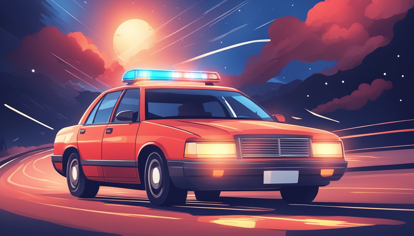 A car swerves on a rural road, police car in pursuit. Red and blue lights flash against the night sky