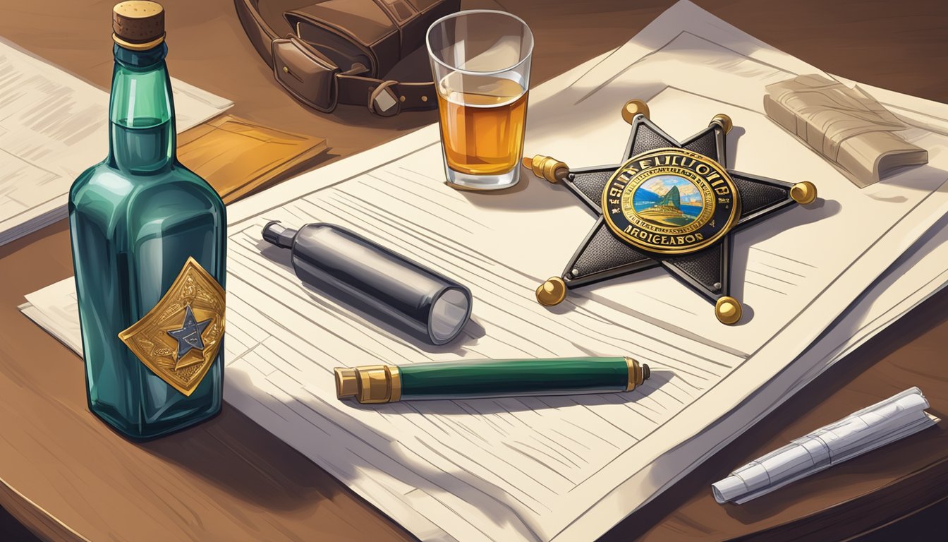 A sheriff's badge and a bottle of alcohol on a table, surrounded by legal documents and a sign with regulations