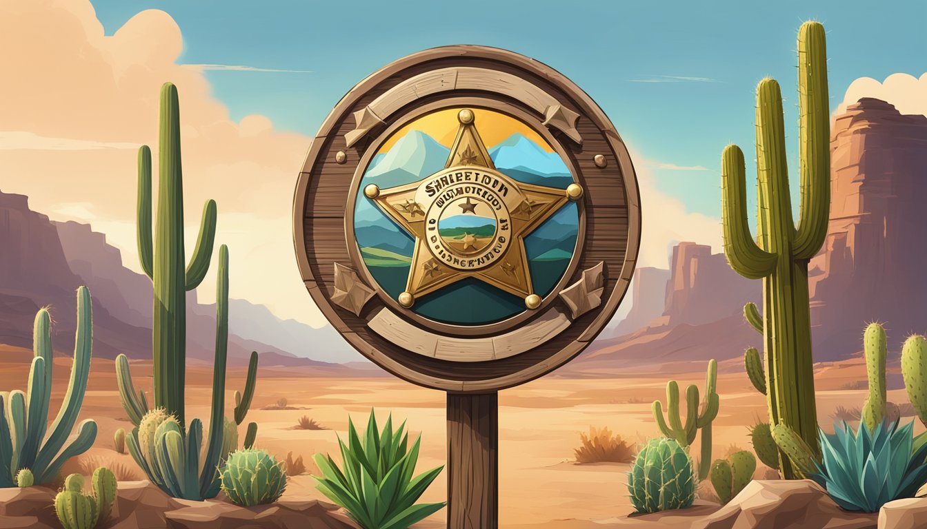 A sheriff's badge pinned to a rustic wooden signpost, surrounded by cacti and a desert landscape