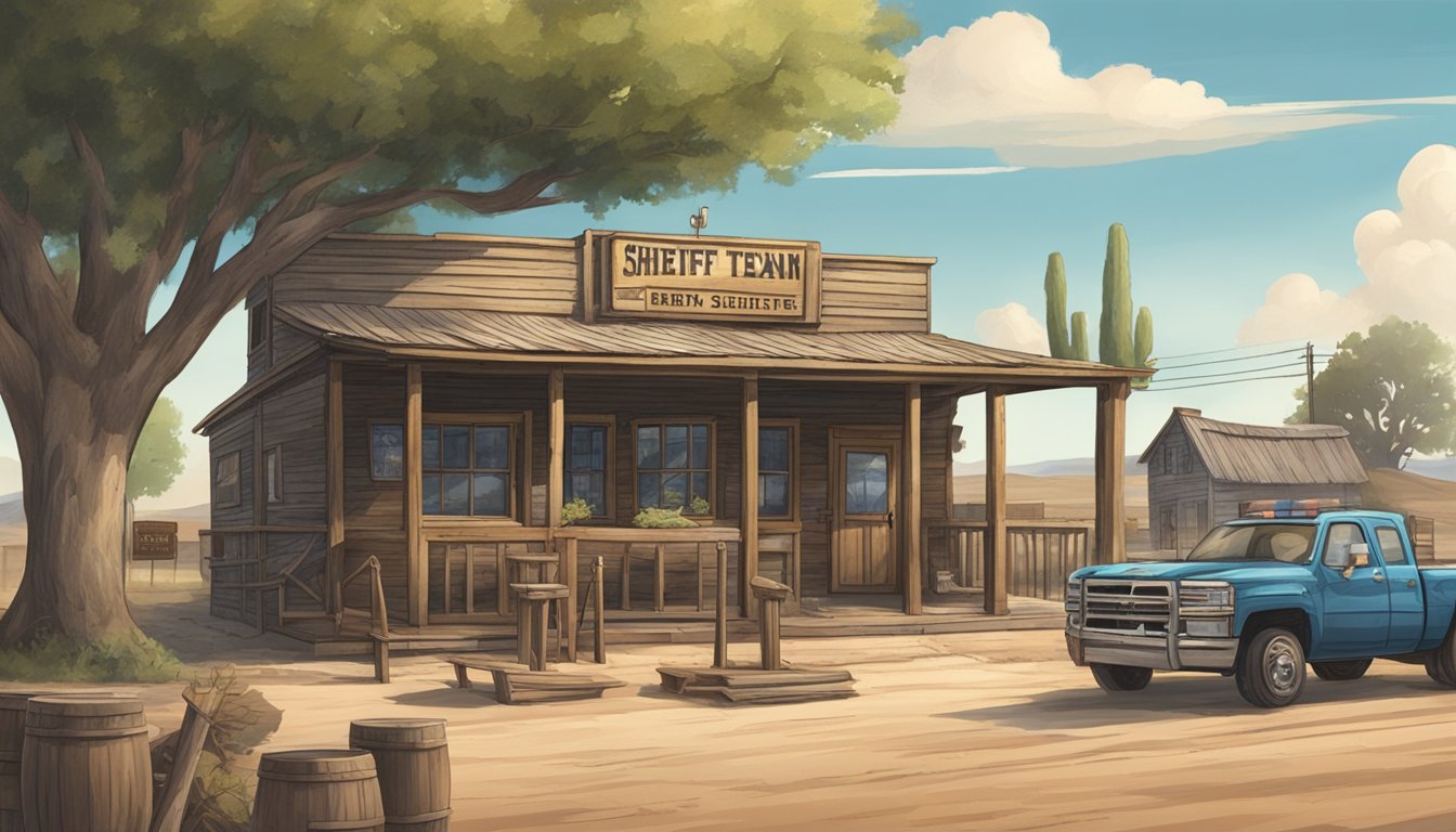 A rustic Texan landscape with a small town bar and a sheriff's office in the background